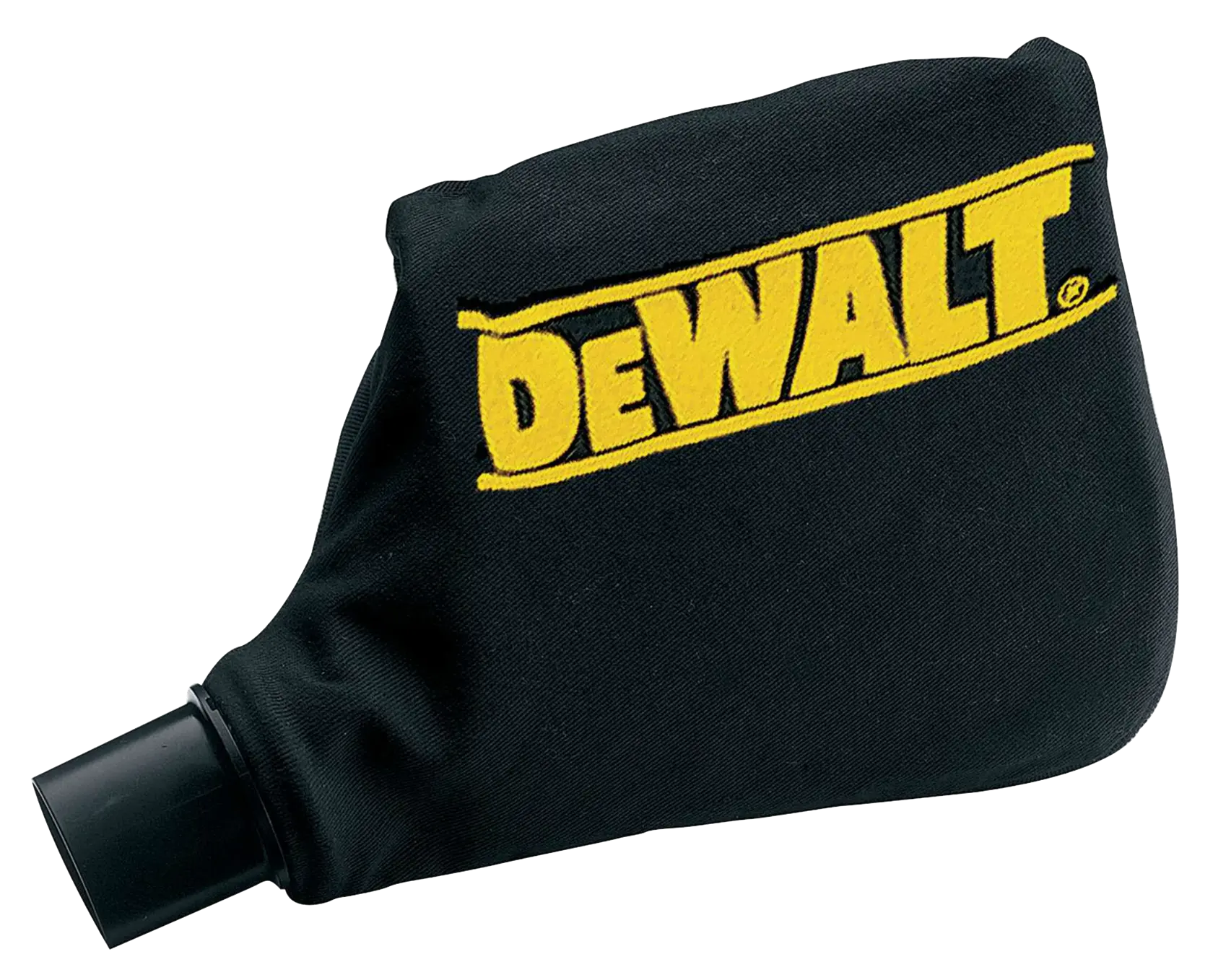 A black DEWALT dust bag with a yellow DEWALT logo, designed for collecting dust from power tools.