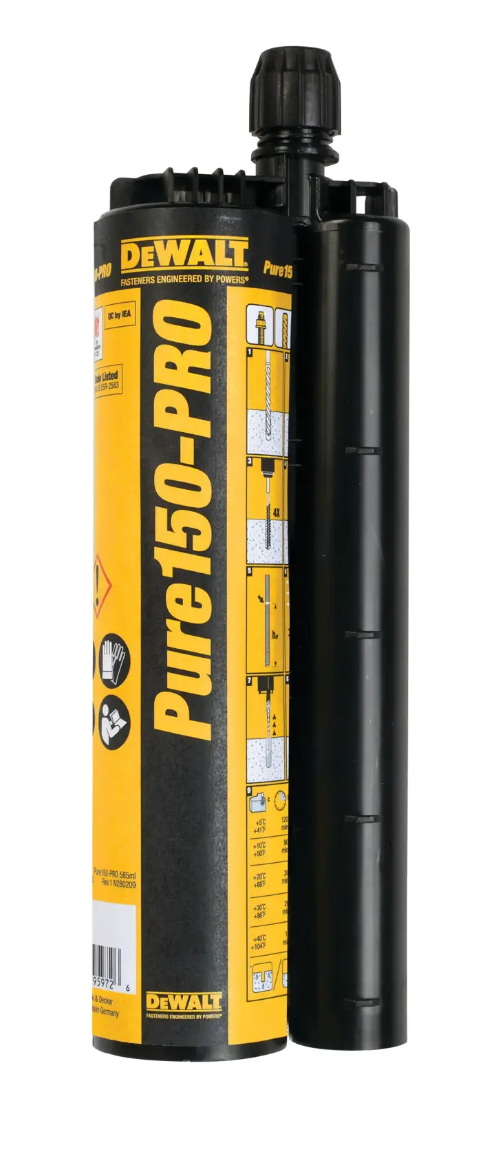 A DEWALT Pure150-PRO adhesive cartridge with a yellow and black label, featuring usage instructions and safety icons, standing upright against a white background.