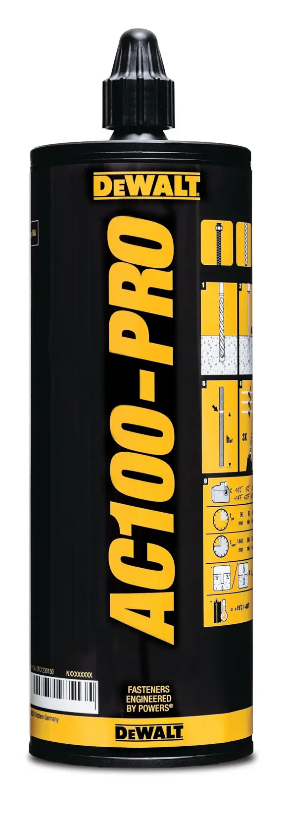 A black and yellow DEWALT AC100-PRO adhesive cartridge standing upright with a black screw cap. The label shows technical details and instructions for use.