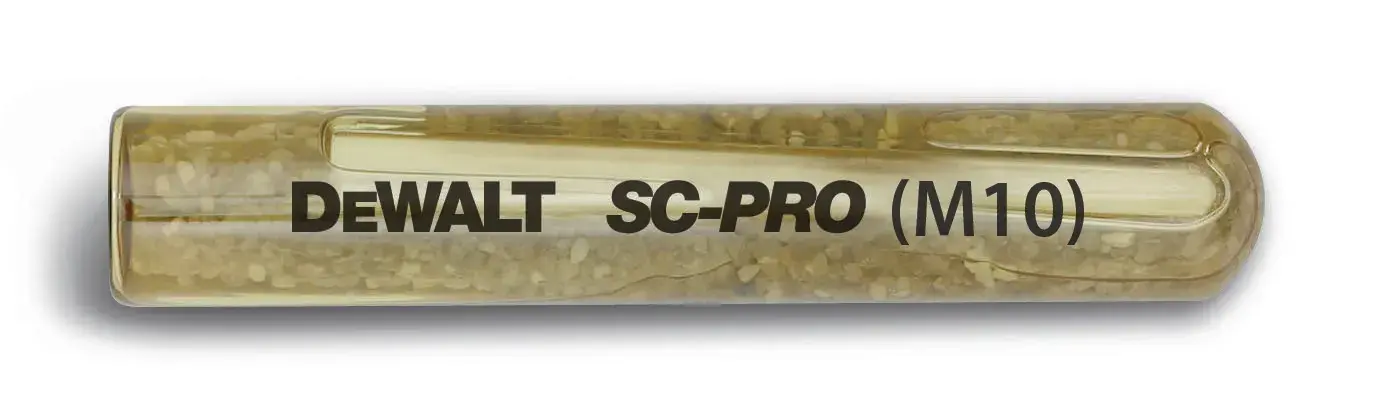 A clear tube labeled 'DEWALT SC-PRO (M10)', containing a chemical anchor capsule for construction use.