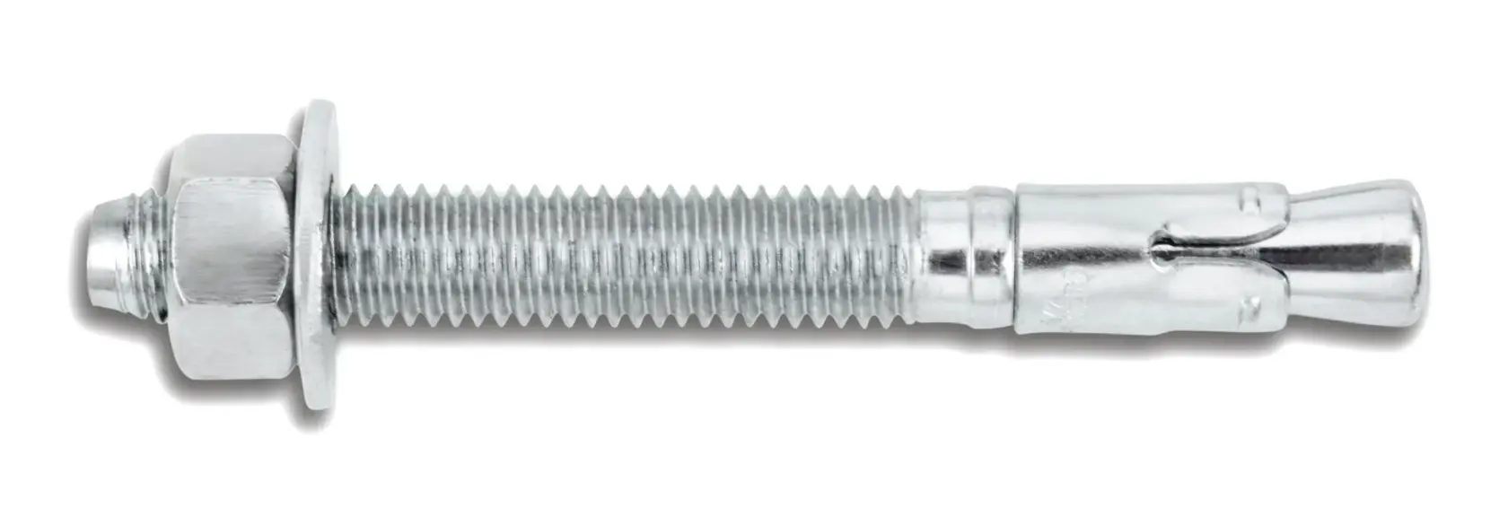 Metal anchor bolt with nut and washer for secure fastening, shown against a white background.