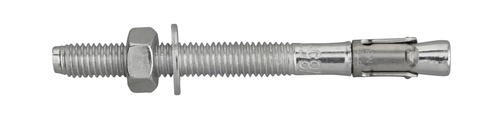 Metal anchor bolt with nut and washer, used for securing heavy objects to concrete surfaces.