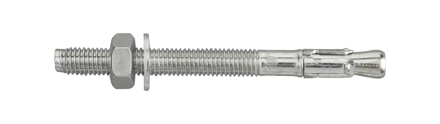 Metal anchor bolt with nut and washer, used for securing objects to concrete or masonry surfaces.