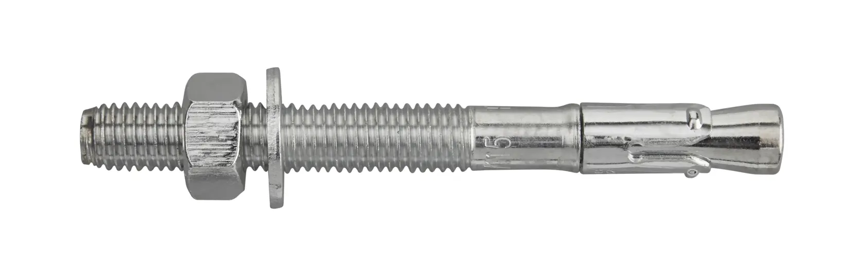 Steel expansion anchor bolt with nut and washer, used for securing materials in concrete or masonry.