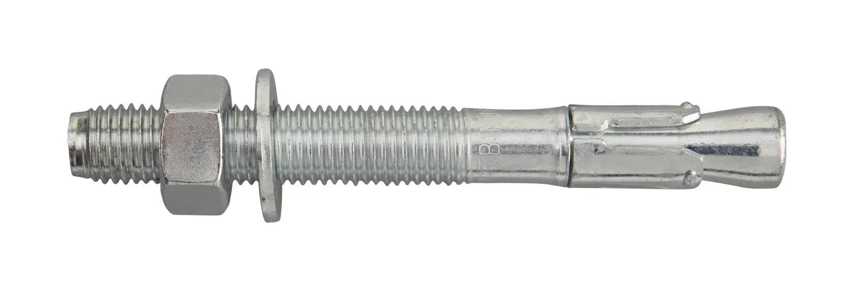 A close-up image of a metal anchor bolt with a hex nut and washer, used for securing objects to concrete or masonry surfaces.