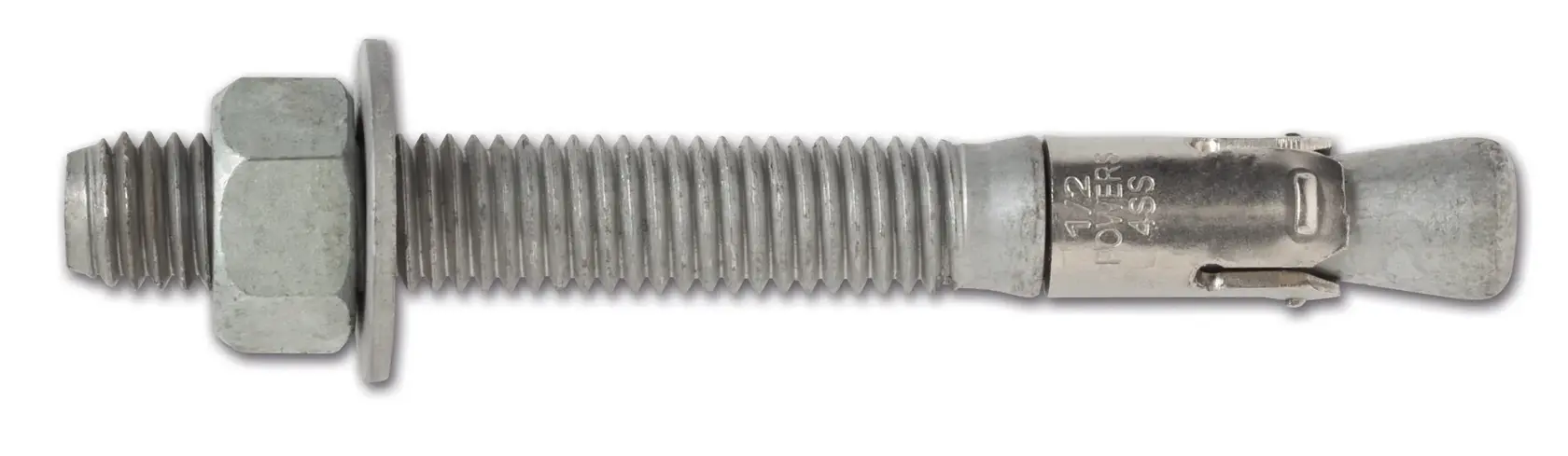 Metal wedge anchor bolt with nut and washer, used for secure fastening in concrete and masonry surfaces.