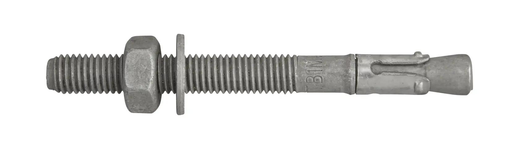 A single metallic anchor bolt with a threaded shaft, nut, and washer, against a white background.