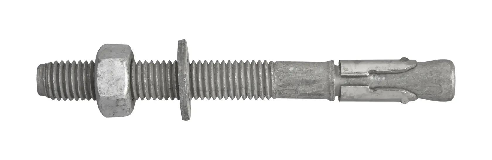 A metal anchor bolt with nut and washer, used for securing objects to concrete or masonry surfaces.
