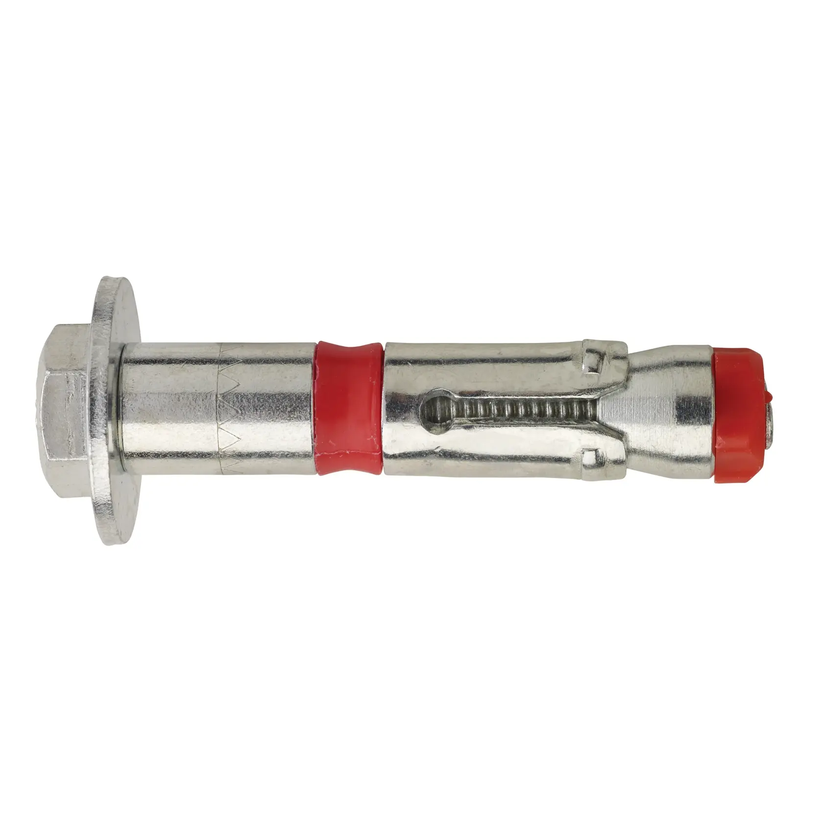 A metal anchor bolt with hex head and red plastic sleeve, suitable for secure fixing in masonry.