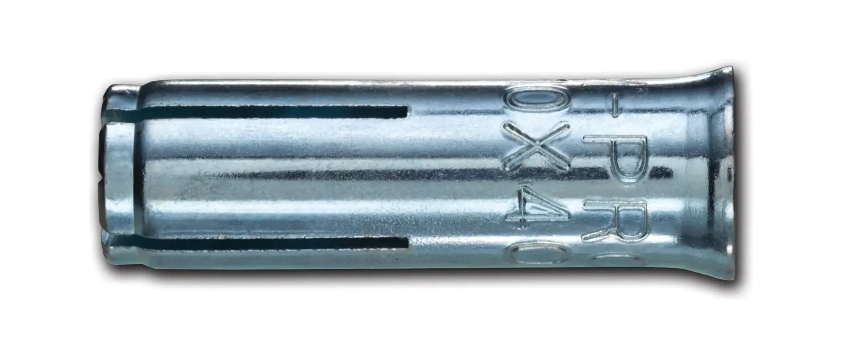 Metal anchor sleeve for construction and mounting, cylindrical with engraved text, shown against a white background.