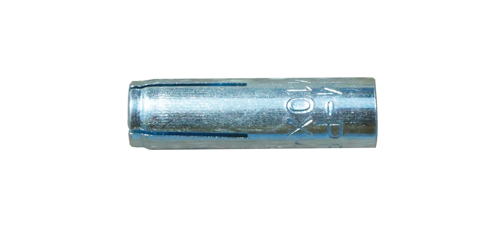 Metal drop-in anchor for concrete, cylindrical shape with engraved markings, used for secure fastenings.