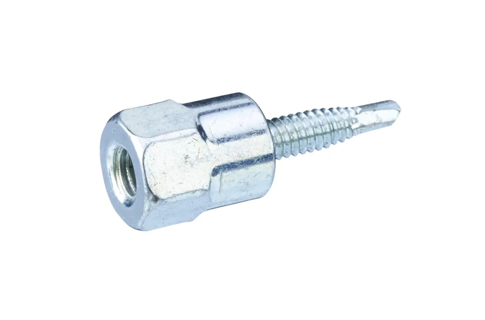 Close-up image of a metallic hex-head screw with a threaded shaft and a drill point tip, suitable for fastening applications.