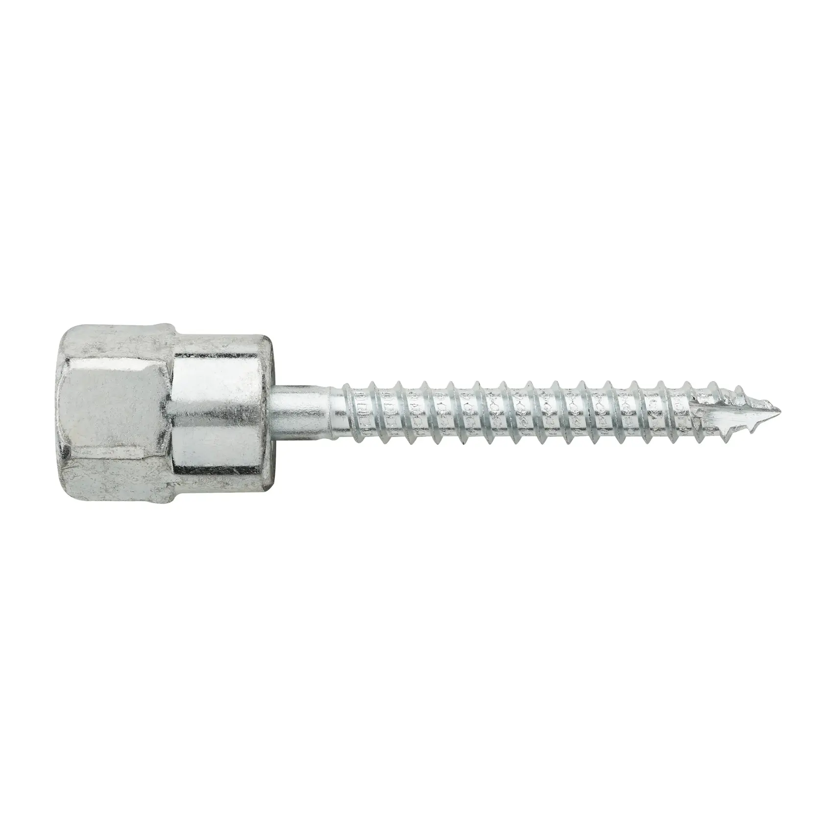Close-up of a silver hex head screw with threaded shaft on a white background.