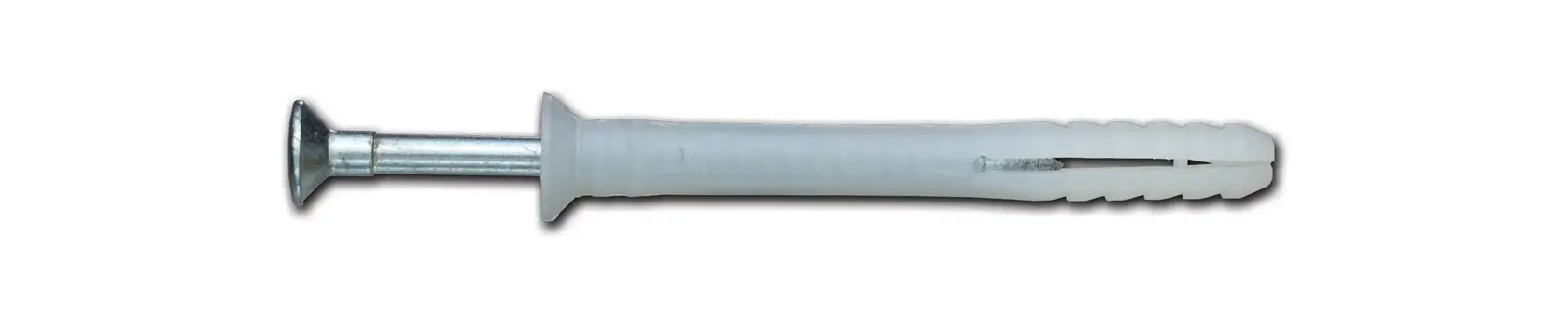 A grey plastic wall plug with a metal screw for fixing items to solid surfaces. DEWALT brand.