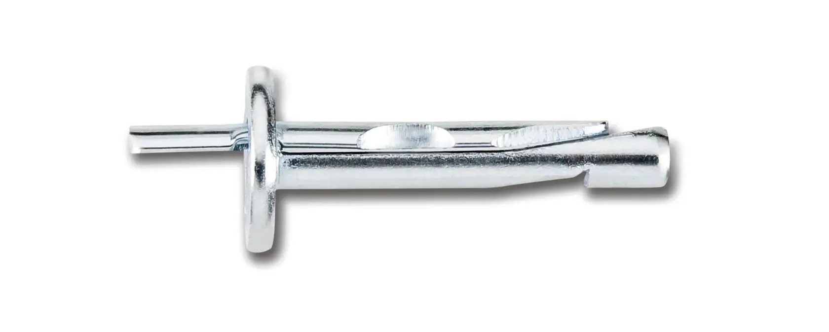 A close-up image of a single metallic wall anchor with a pin, designed for securing objects to masonry or concrete surfaces. The anchor appears silver and is shown on a plain white background.