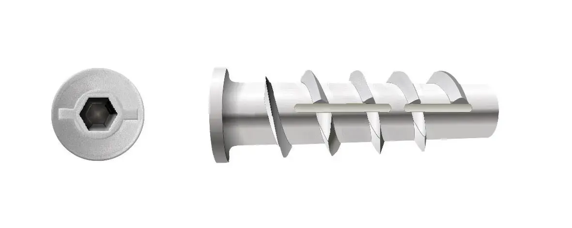 A silver hex socket head screw and matching anchor, isolated on a white background.