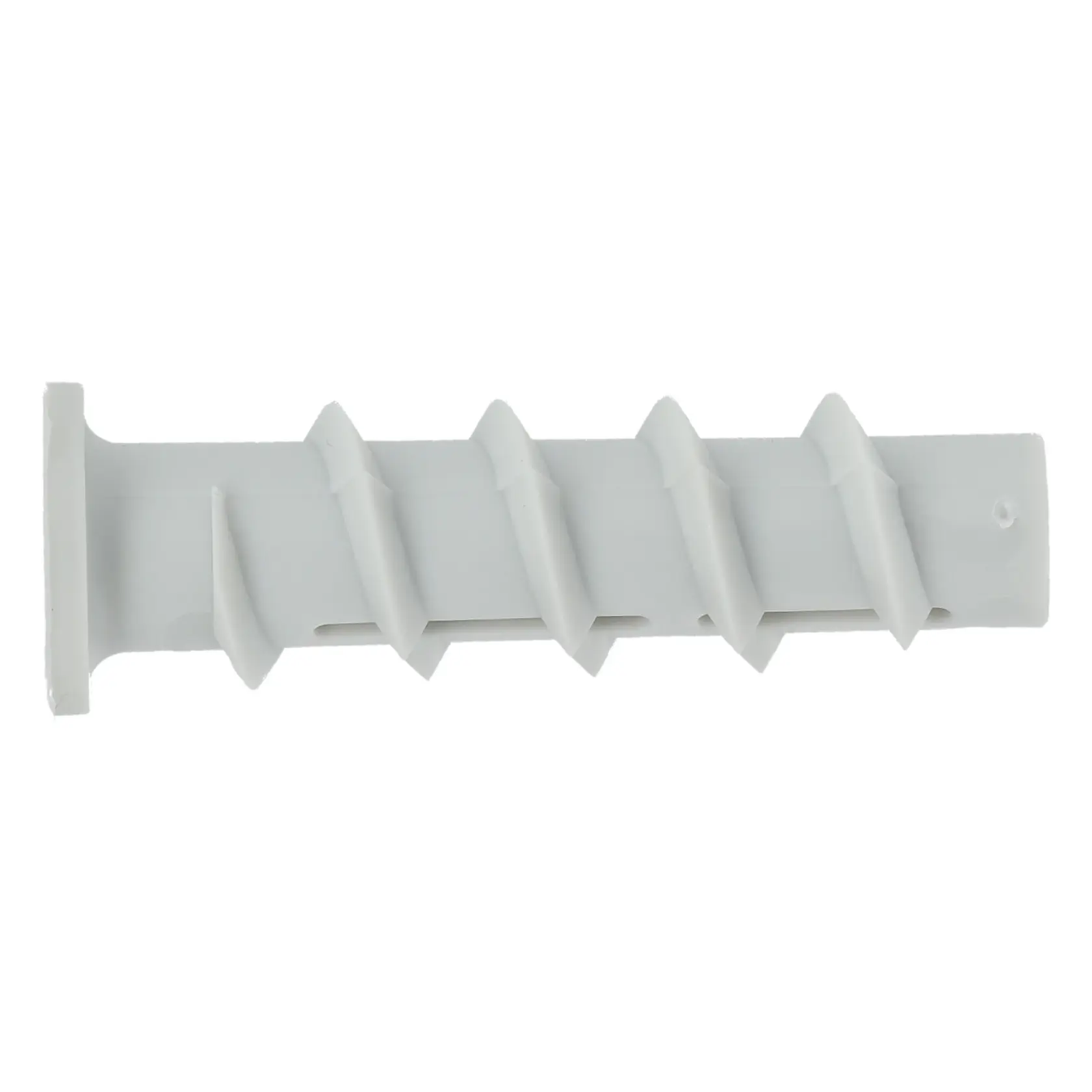 A plastic wall anchor with spiral threads, shown isolated on a white background.