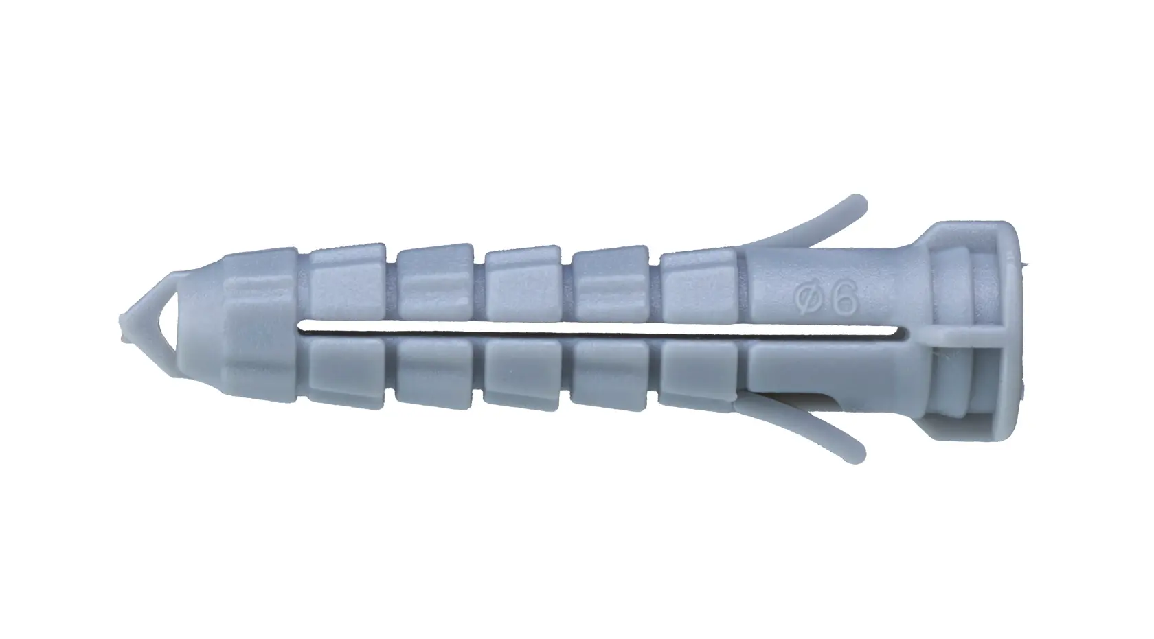 A close-up image of a gray plastic wall plug (anchor) used for securing screws in masonry or drywalls.