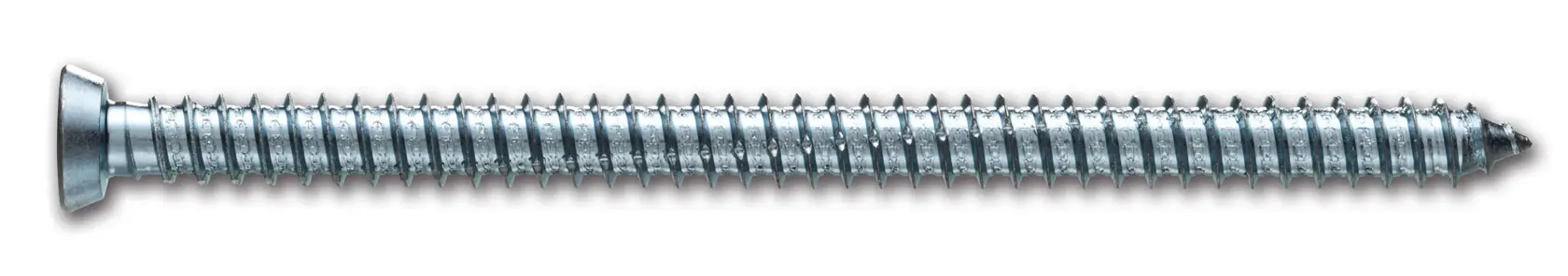 Close-up of a single metal screw with a flat head and threaded body, placed on a white background.