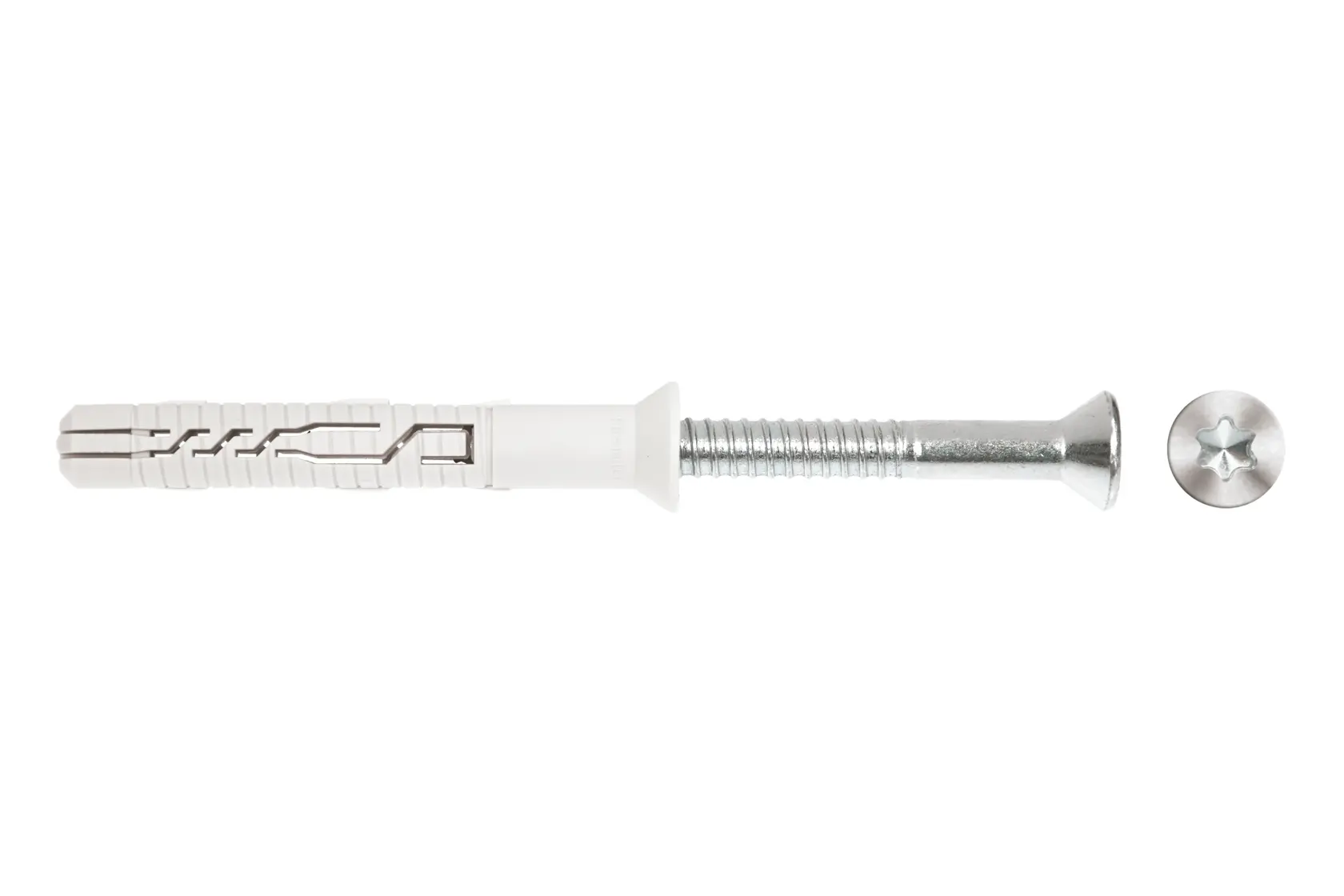 A wall plug and screw set with a Phillips flat-head screw and white plastic anchor for mounting.