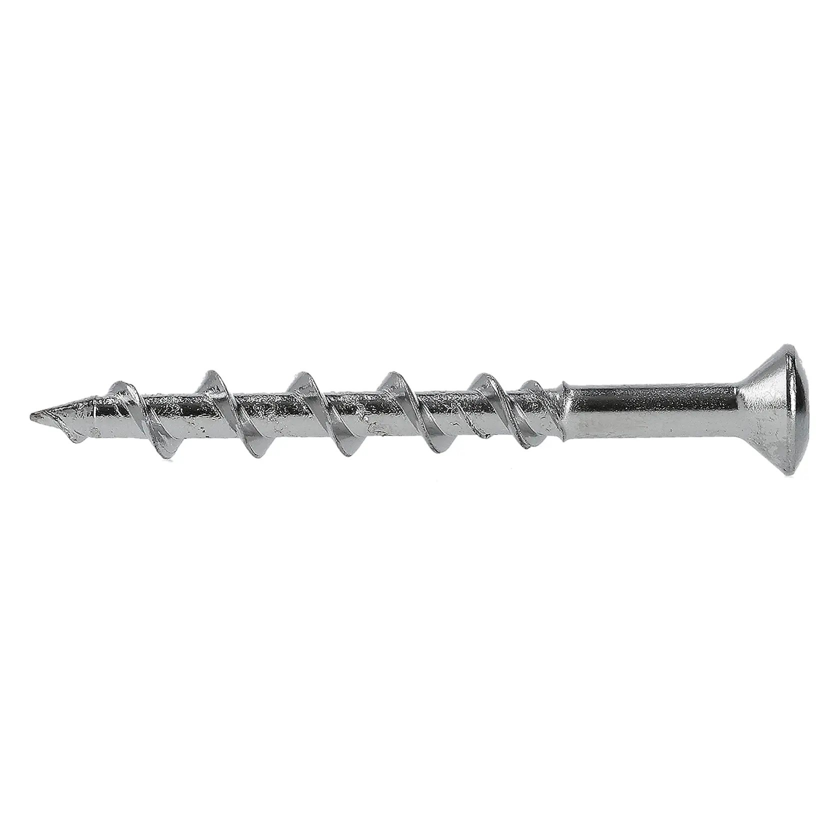 Close-up of a single silver DEWALT screw, featuring a flat head and sharp threading for secure fastening.