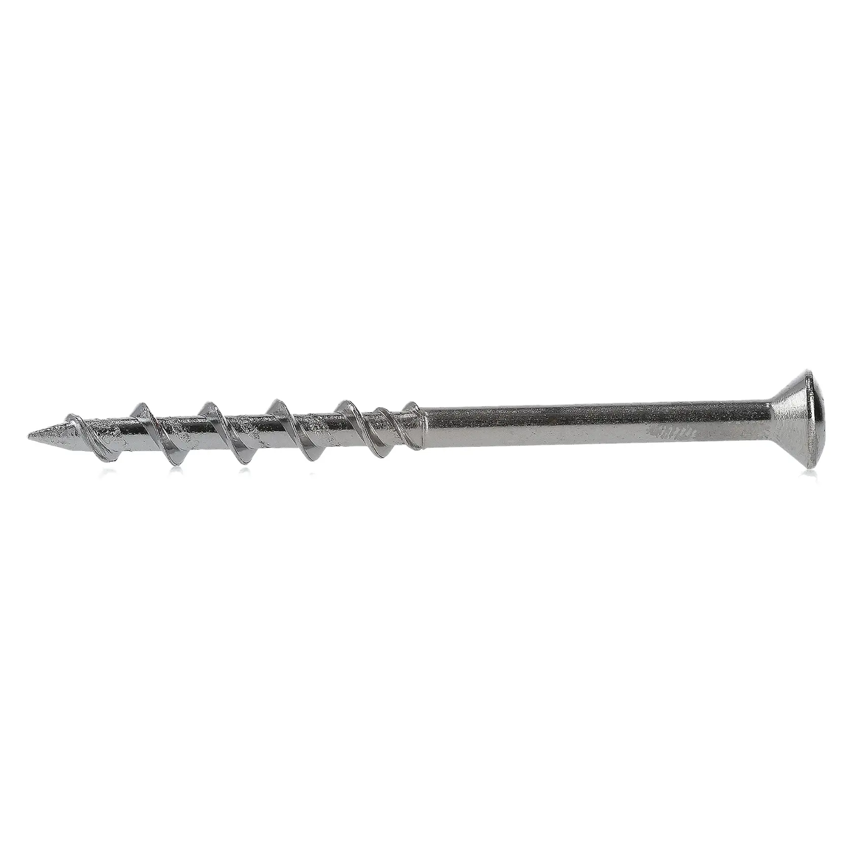 Single silver screw with flat head and spiral thread, isolated on a white background.
