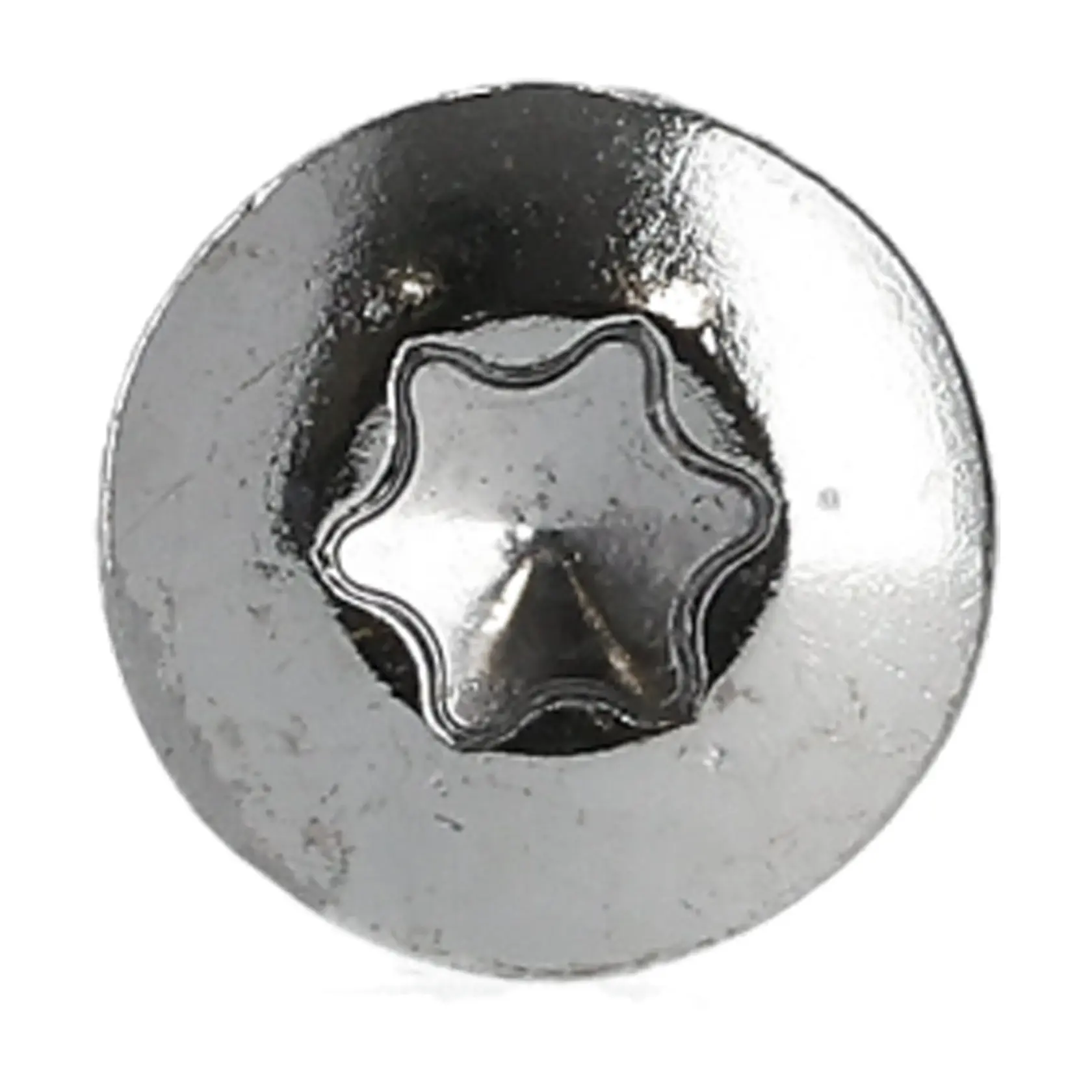 Close-up of a silver DEWALT screw with a six-point star drive head.
