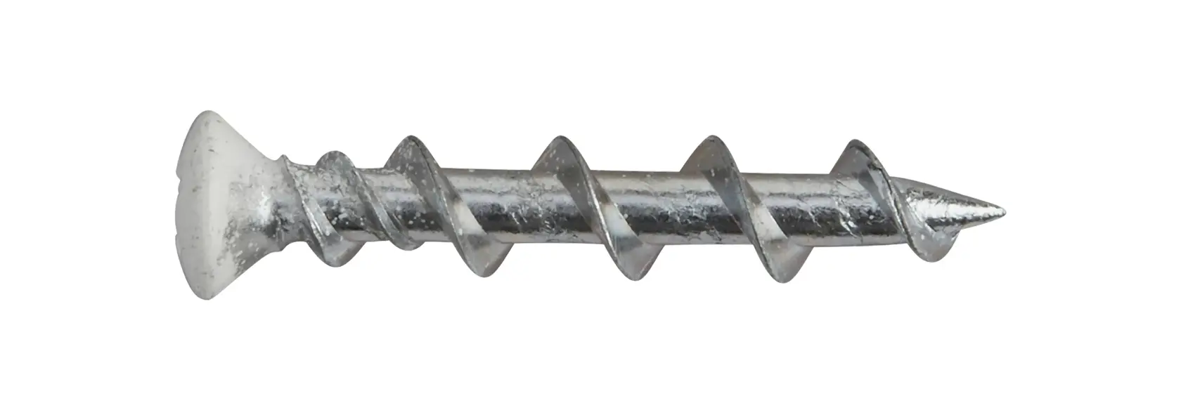 Single metal wall anchor screw with flat head and sharp tip, isolated on a white background.