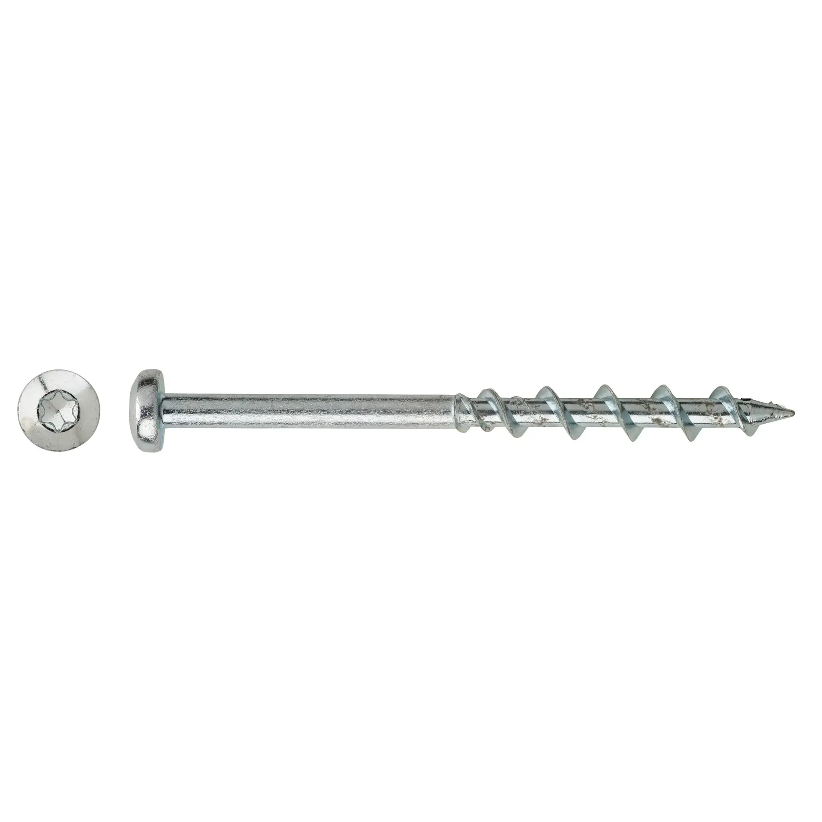 Metal screw with hex socket head and spiral thread, shown from side and top view on white background.
