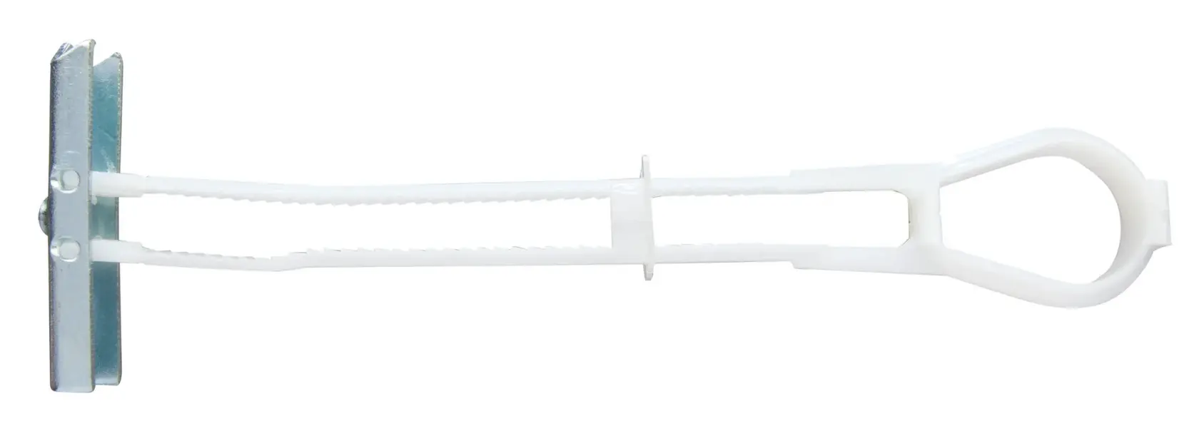 A DEWALT plastic wall anchor with metal plate, used for securing objects to drywall or hollow walls.