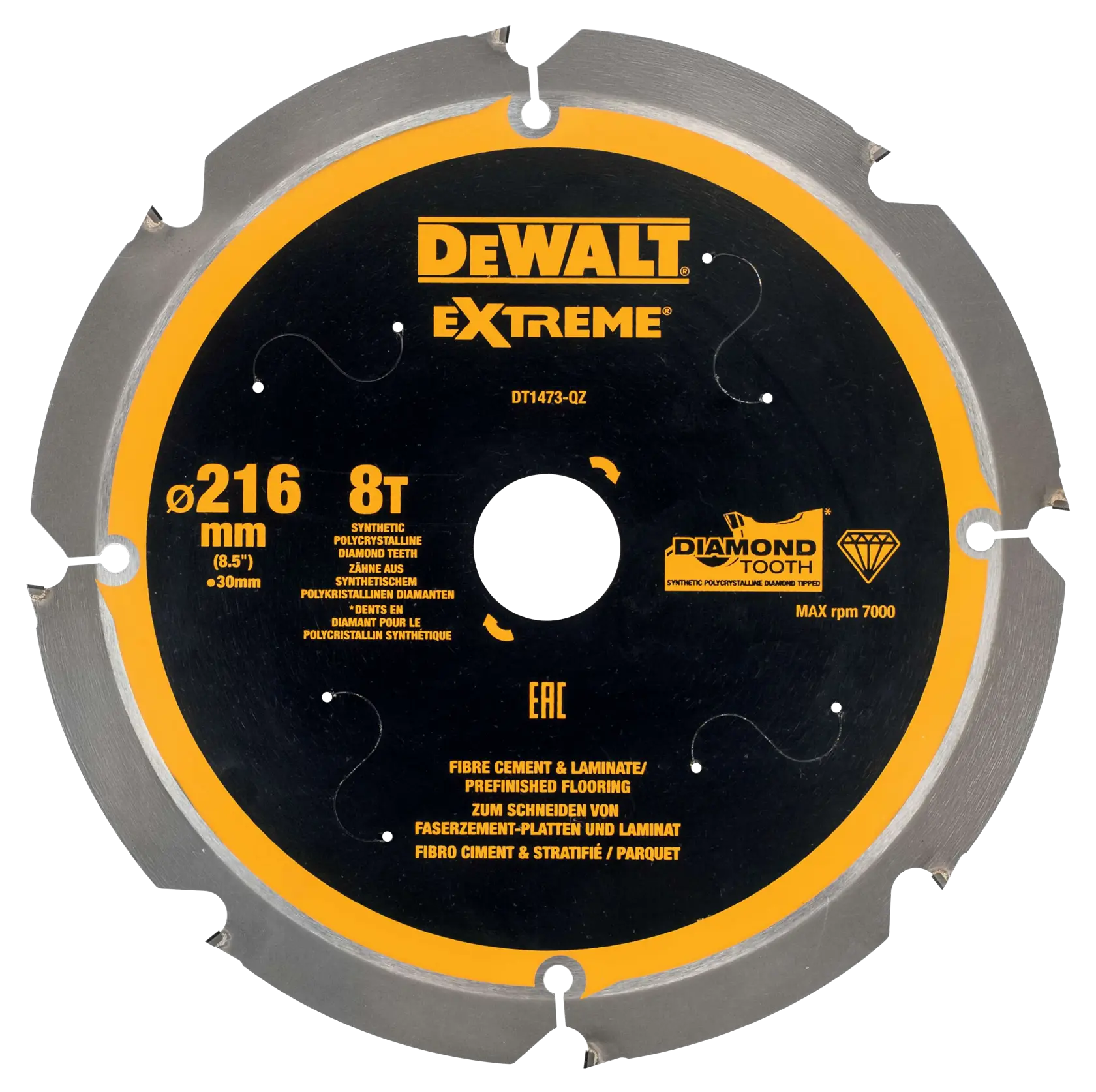 DEWALT DT1473 Extreme circular saw blade for fibre cement and laminate, 216mm diameter, 8 teeth.
