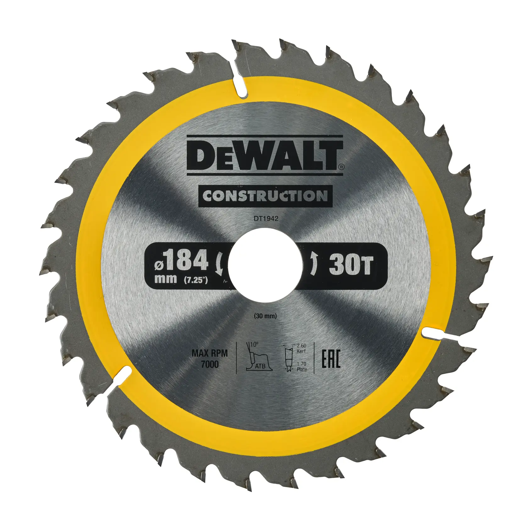 DEWALT DT1942 circular saw blade, 184mm diameter, 30 teeth, yellow rim, metal construction.
