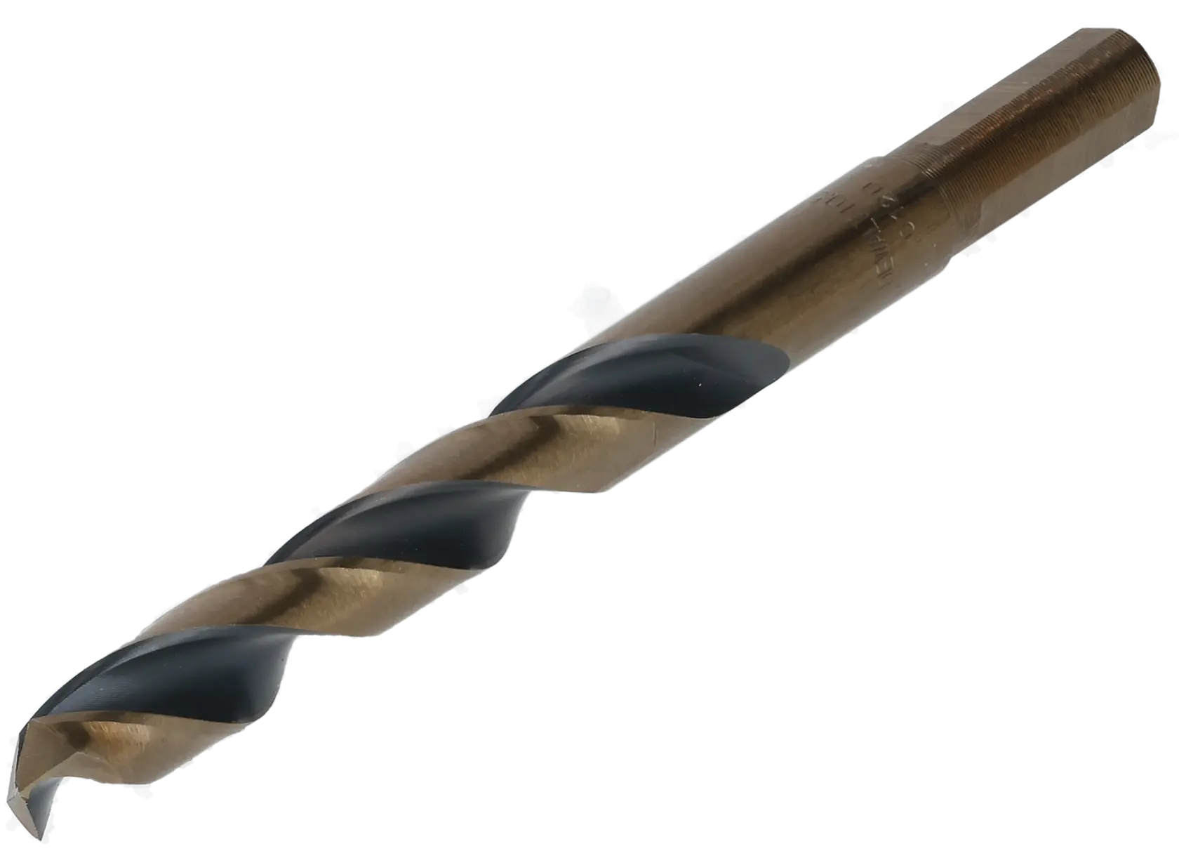 A close-up of a DEWALT metal drill bit with a spiral fluted design and a smooth shank for precision drilling.