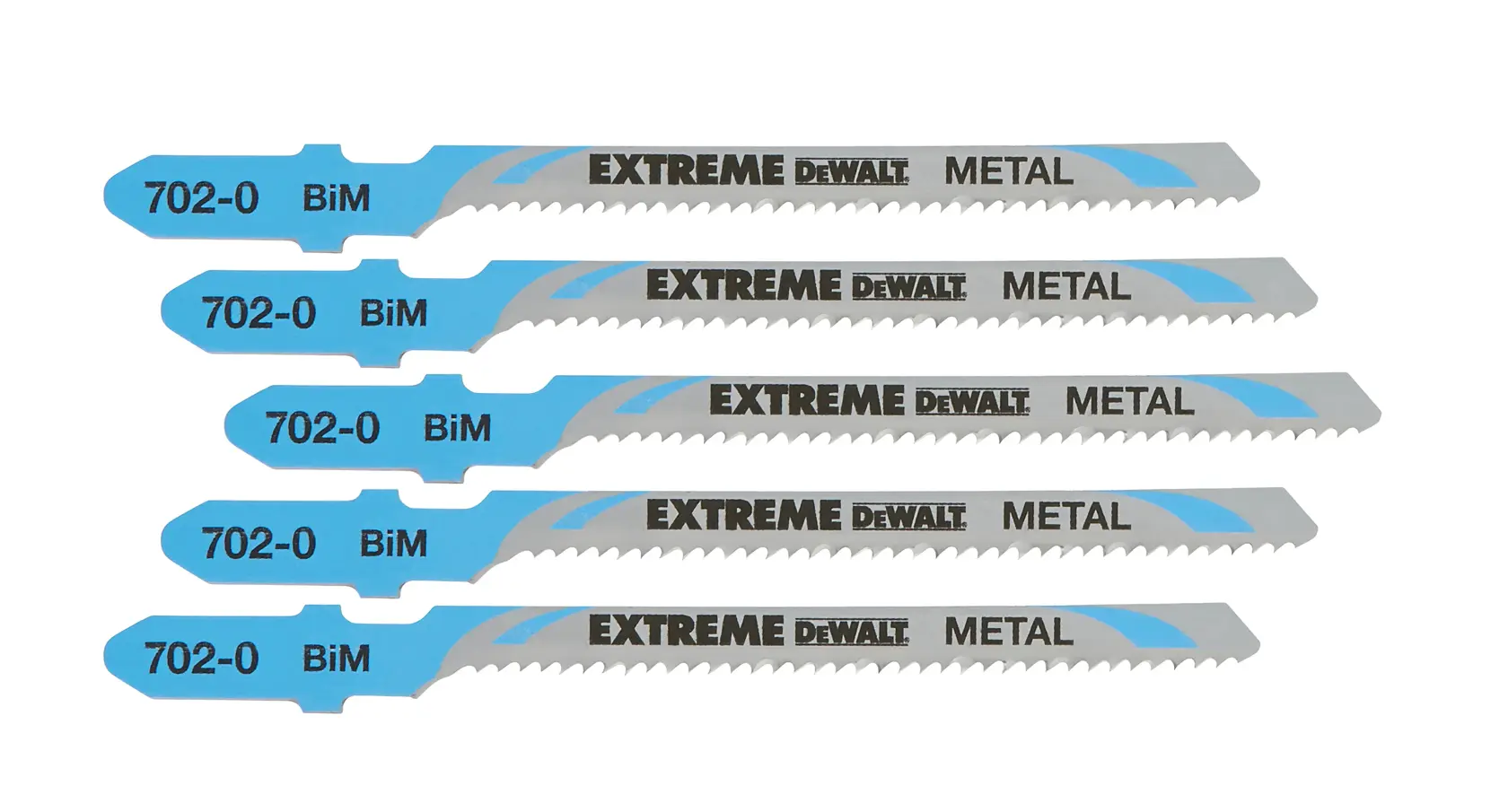 Set of five DEWALT Extreme metal jigsaw blades, labeled 702-0 BiM, designed for cutting metal.