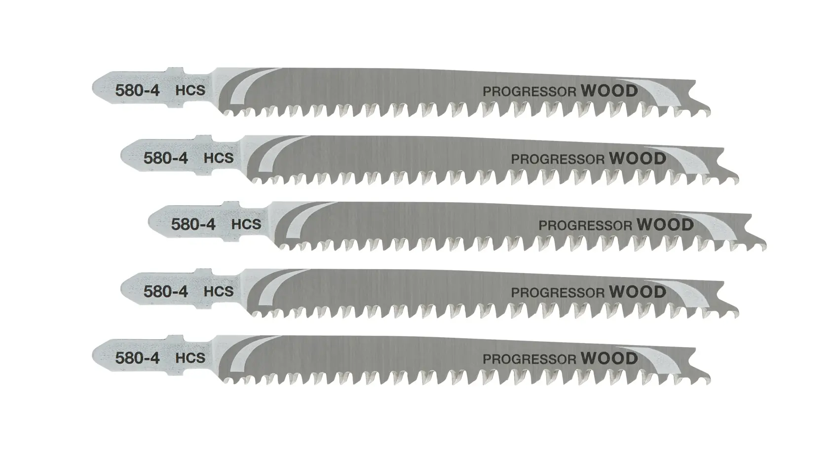 Five DEWALT DT2057 wood cutting jigsaw blades shown in a row, silver color, sharp teeth.