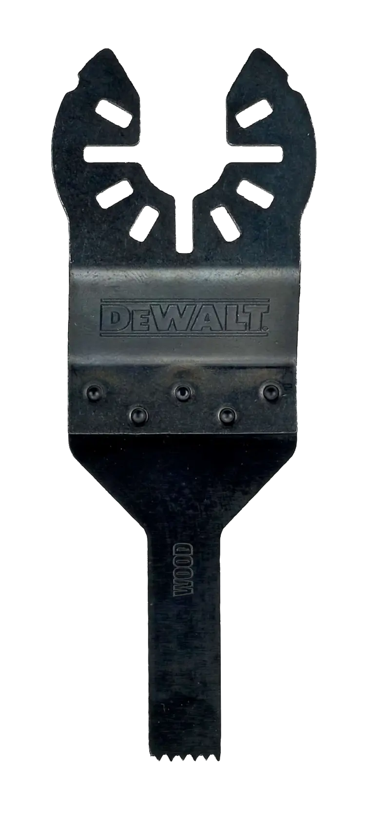 DEWALT DT20706 oscillating tool wood blade with black finish, straight edge and mounting holes, shown vertically.