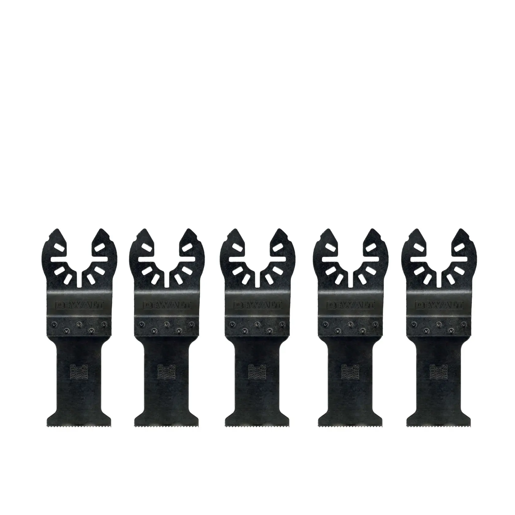 Five DEWALT oscillating multi-tool blades for cutting, arranged in a row against a white background.