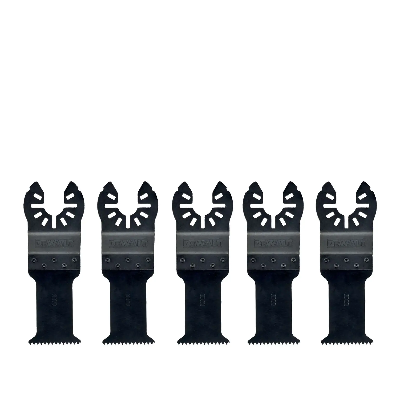 Five DEWALT DT20725 multi-tool saw blades are shown in a row, suitable for cutting wood and plastic.