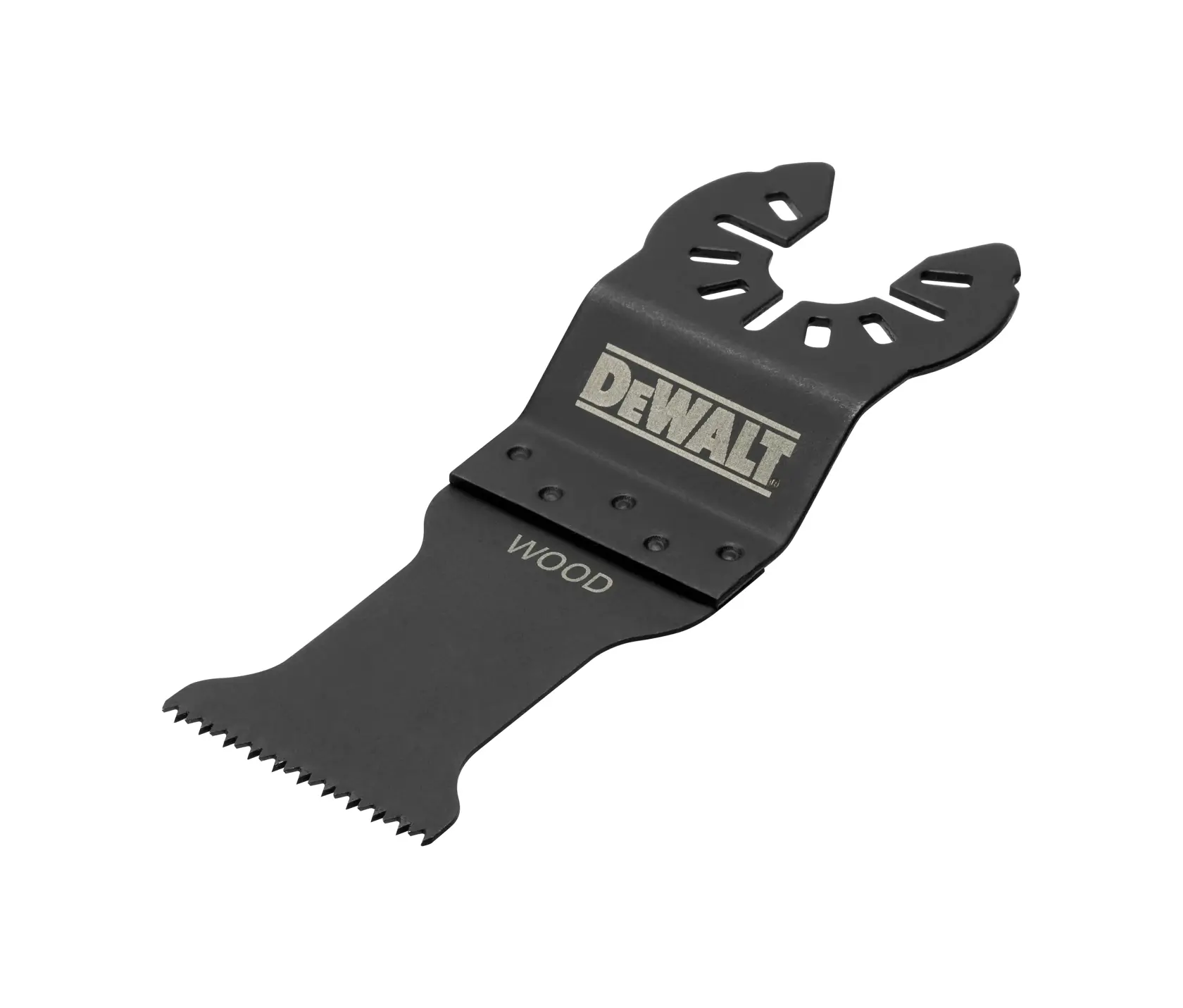 DEWALT DT20733 oscillating wood blade, black metal accessory for cutting wood, shown on white background.