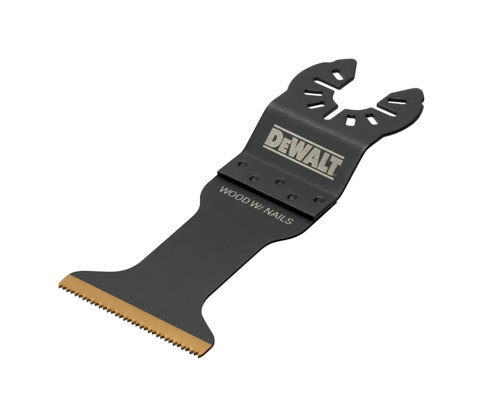 DEWALT DT20736 oscillating tool blade for cutting wood with nails, black with gold-edged teeth.