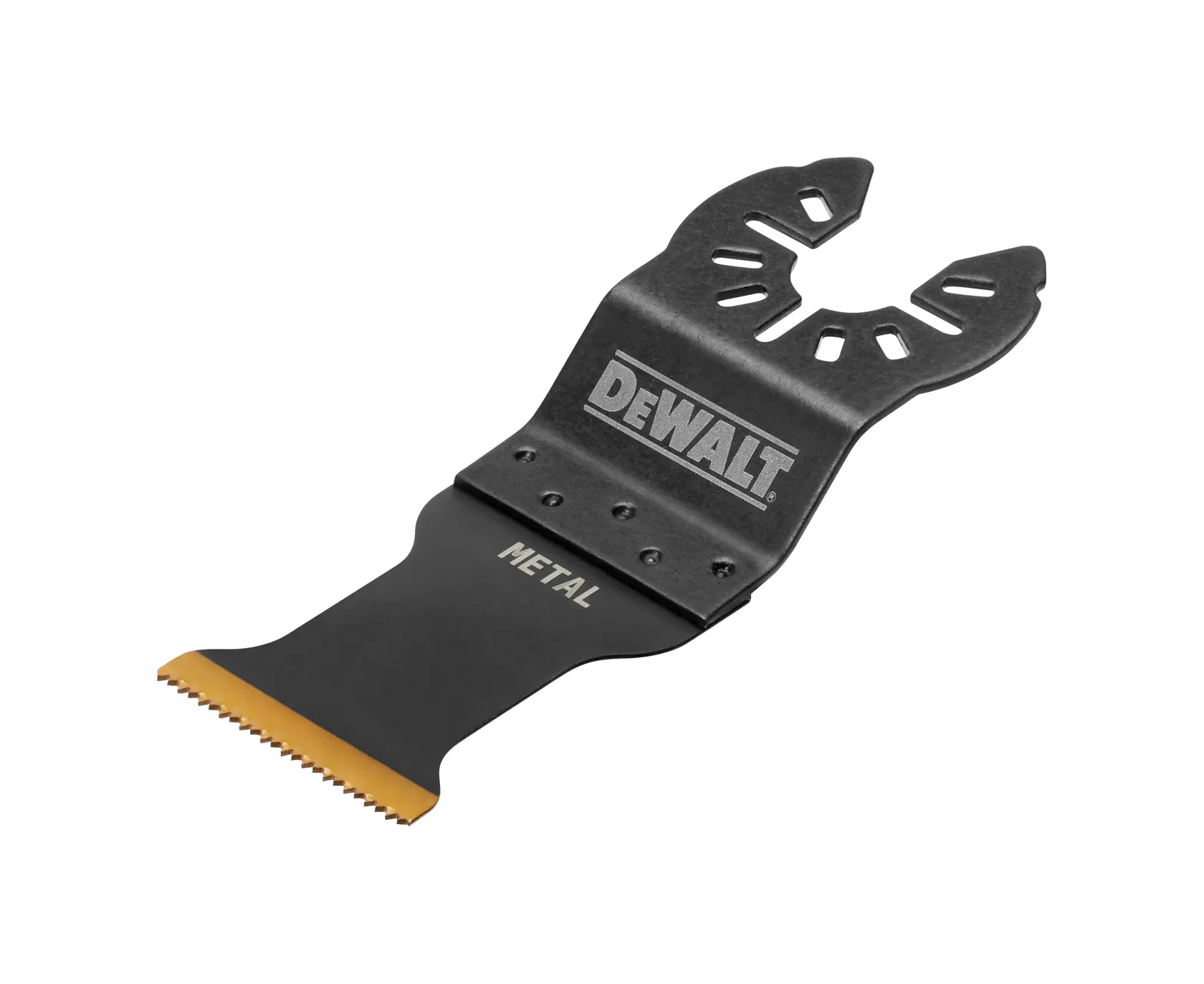 DEWALT DT20737 black metal cutting blade for oscillating tools, with gold-tipped teeth and mounting slots.