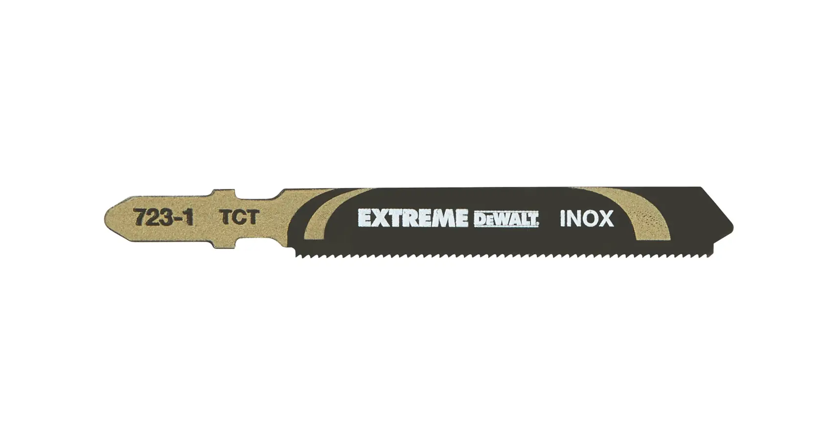 DEWALT DT2101 Extreme INOX jigsaw blade for cutting metal, shown isolated on a white background.
