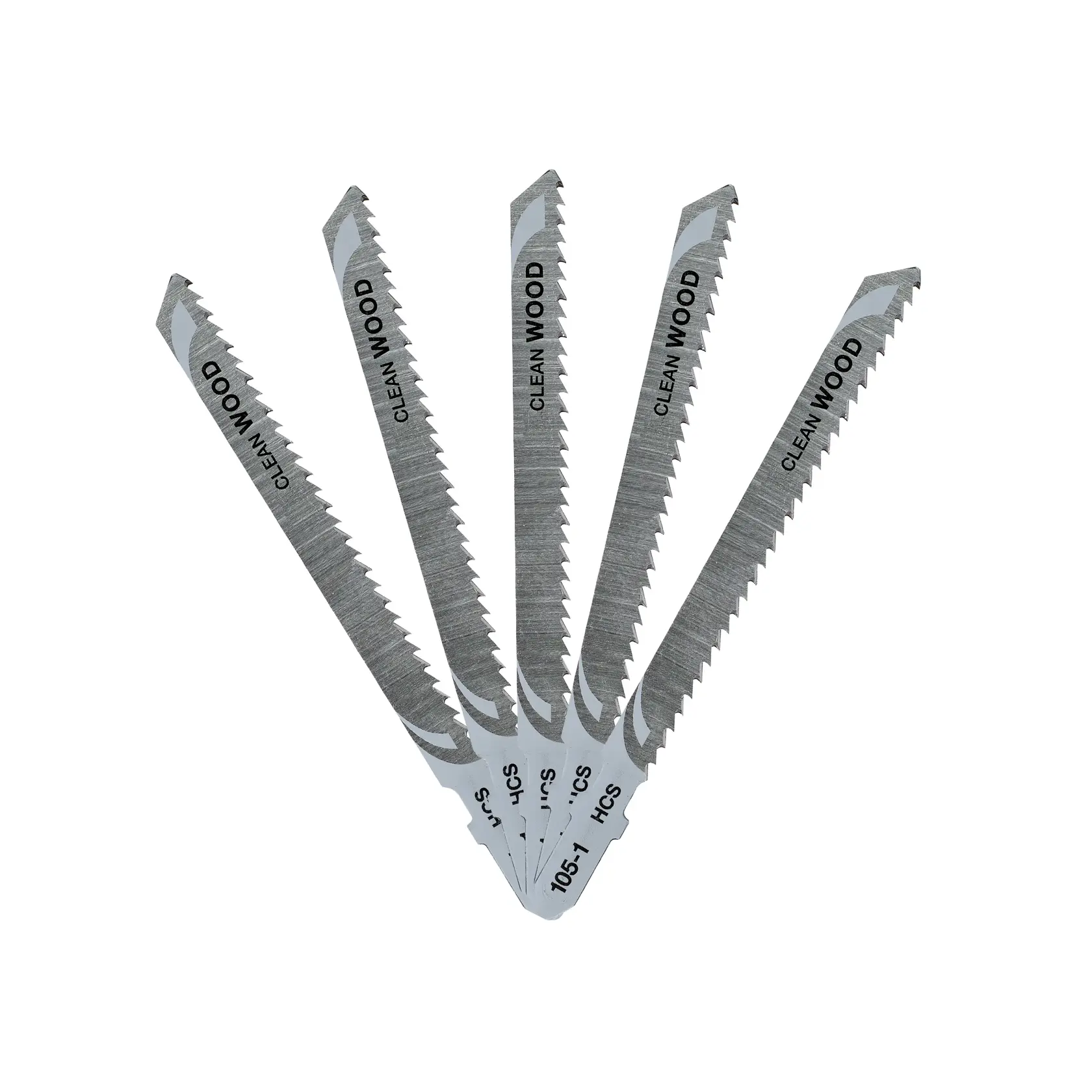 A set of five DEWALT jigsaw blades arranged in a fan shape, each labeled 'CLEAN WOOD' and designed for cutting wood.
