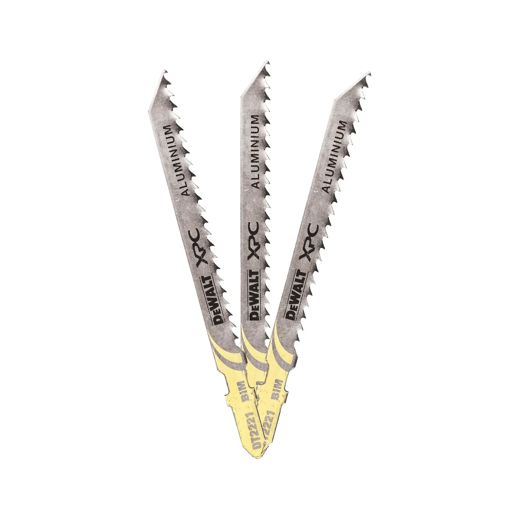 Three DEWALT jigsaw blades for aluminum, model DT2221, arranged in a fan shape on a white background.