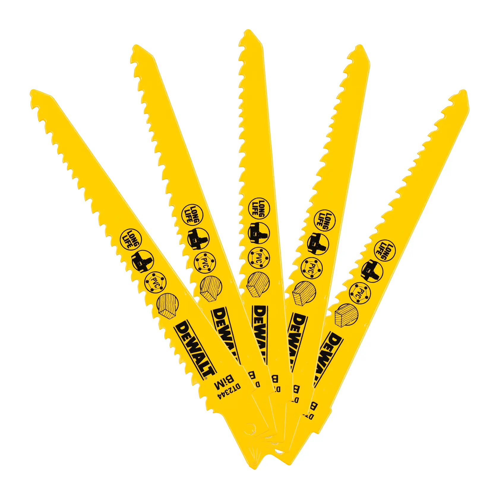 Five yellow DEWALT DT2344 reciprocating saw blades fanned out, each marked with material icons and product branding.