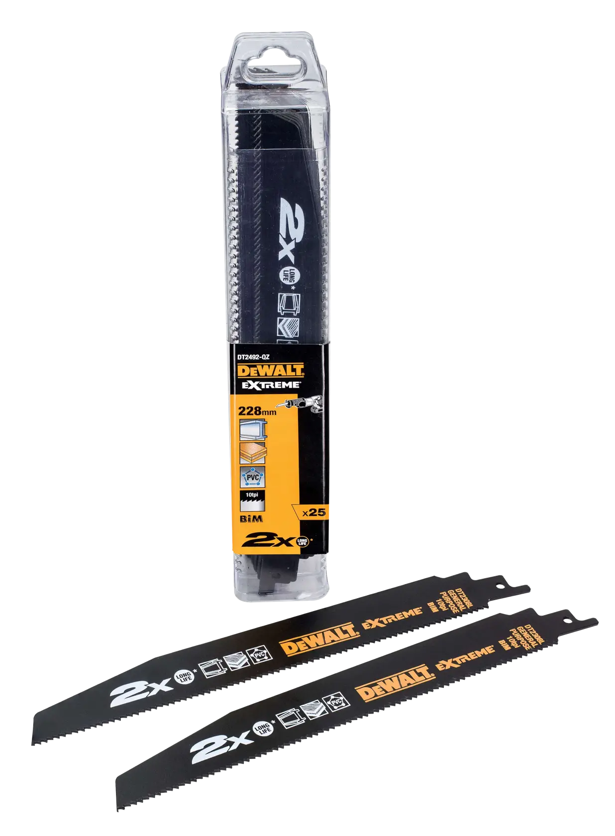 DEWALT DT2492 pack of reciprocating saw blades, shown in a transparent plastic case with yellow and black branding. Two blades are displayed outside the packaging, featuring DEWALT XTREME and technical specifications. Suitable for cutting metal, PVC, and wood, measuring 228 mm.