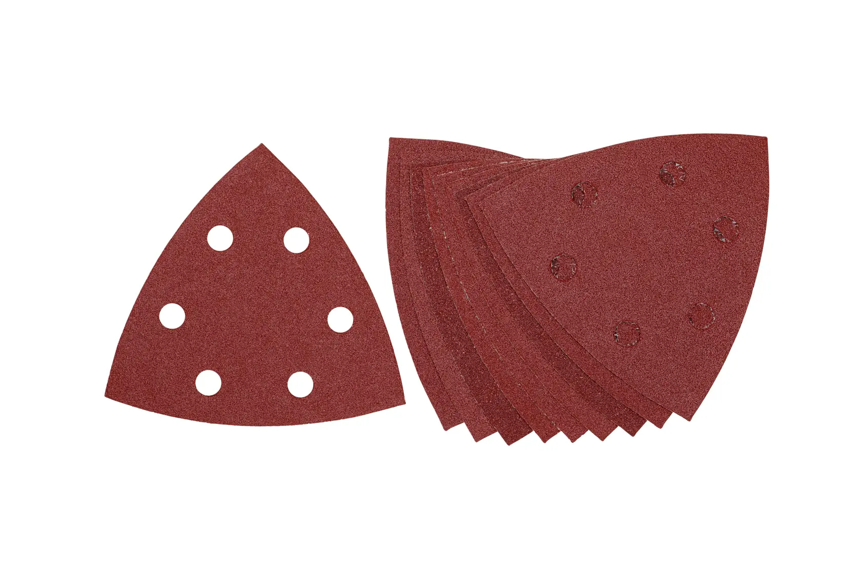 Set of triangular DEWALT sanding sheets with multiple holes for dust extraction, arranged on a white background.