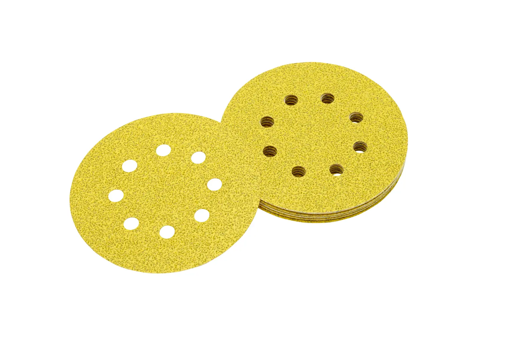 Stack of round yellow sanding discs with ventilation holes for power tools.