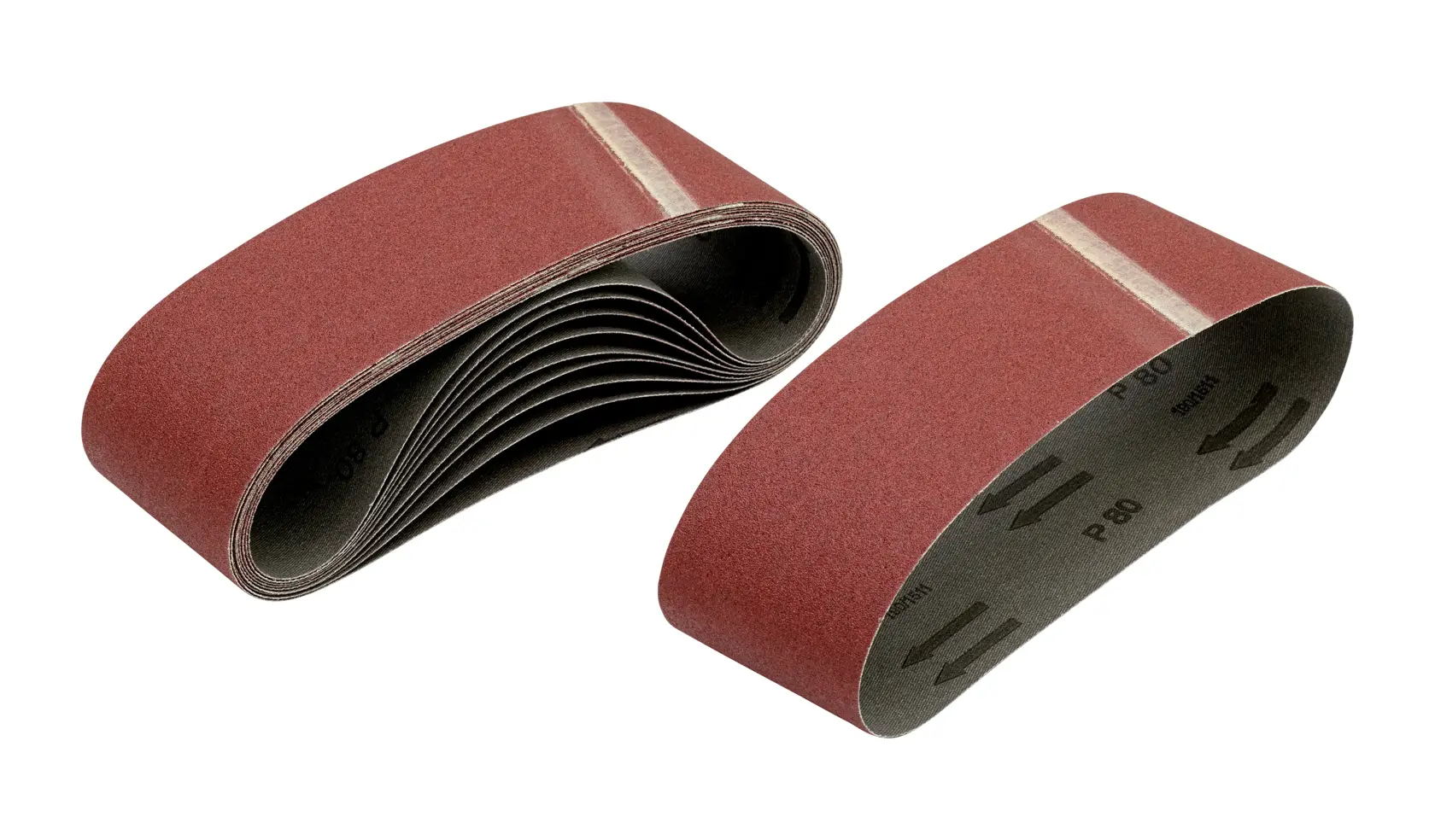 Two brown sanding belts, one stacked, suitable for use with power tools for surface finishing or smoothing.