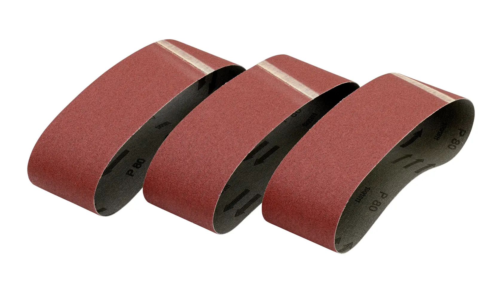 Three red DEWALT sanding belts for power tools, displayed side by side on a white background.